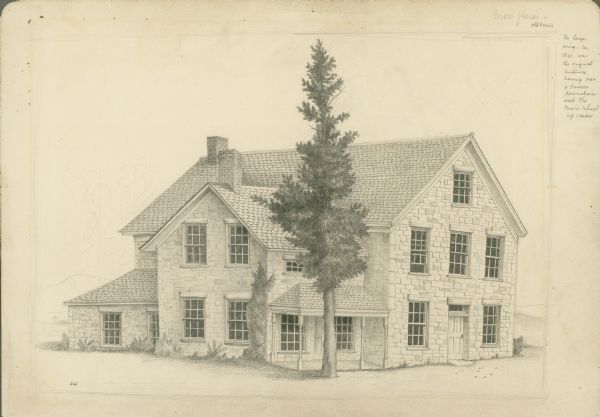 Pencil drawing of a stone building in Cross Plains, which used to house a tavern downstairs and the town's school upstairs. Features a porch entrance, and another doorway with a transom window. Six over six windows are on three levels.