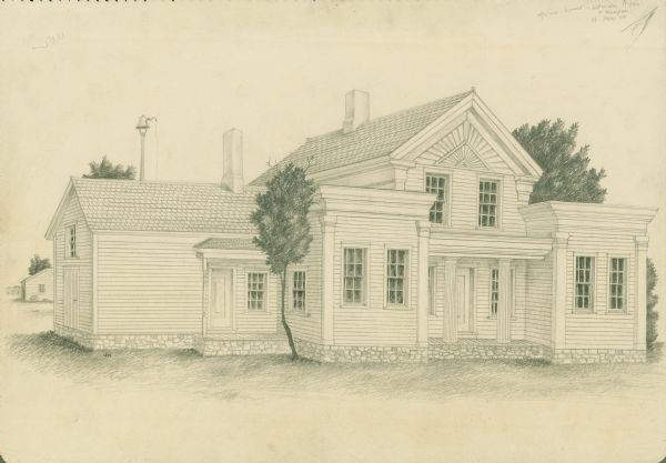 Pencil drawing of a farm house between Ripon and Waupun, on State Highway 49. Left gable has a bell on a post on top of it. Features two doorways in front, each with porch entryway, and six over six windows. On the left side of the building is a wide door without a step or porch.