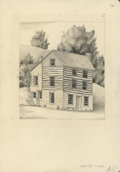 Pencil drawing (graphite and ink?) of Polperro House, at the Pendarvis State Historical Site in Mineral Point. Features a side gable entrance and a log frame with chinking.