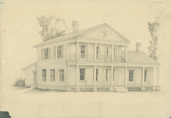 Pencil drawing of a house at 421 Cass Street. The main entrance is on a long porch with columns, under a balcony. There is a side entrance on the left.