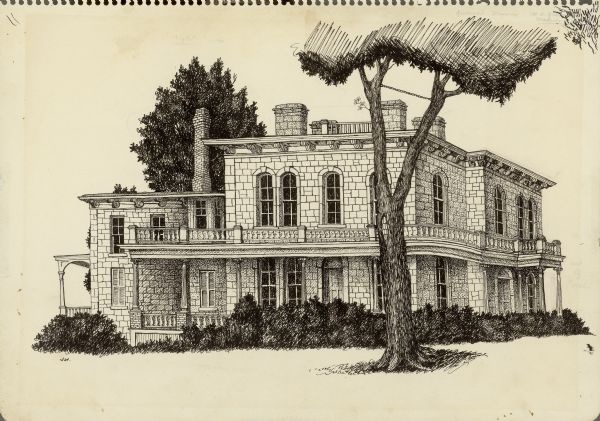 Ink drawing of the Governor's Residence, 130 East Gilman Street. The stone building features a porch and wrap around balcony.