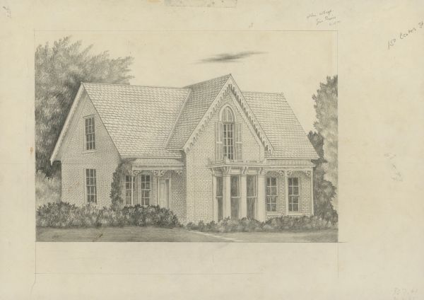 Pencil drawing of a Gothic cottage. Front gable features icicle patterned barge-boards, around a tall window on the second story with shutters and arched detail.