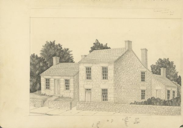 Pencil drawing of the Pendarvis and Trelawny Houses. Stone building with six over six windows on two levels, and three entrances. A stone wall runs along the sidewalk in front.