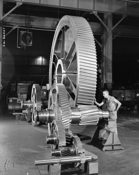 Single helical hub gear that was a component of an oxygen furnace drive. This gear was purchased by Morgan Engineering Company and used by Pittsburgh Steel. This photograph was taken in Falk Shop number 4.