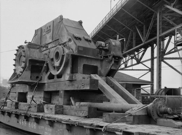 This 2 pinion gear was purchased by the Fairbanks Morse Division of the Colt Industry and used by United States Steel. Falk caption reads, "Main propulsion-MV 'Roger Blough'. View from port forward quarter while still on car showing damage as a result of engine room fire during construction."