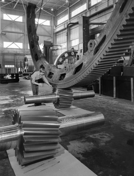 View of a large gear that was a later component of a kiln used to pelletize iron ore. This product was purchased by Allis Chalmers and used by the Iron Ore Company of Canada. Original Falk caption reads, "31 foot diameter x 22 inch face split ring gear. This view shows roll check with pinion. See Engineering File for exact specifications." Male employee in photograph is Larry Kamke.