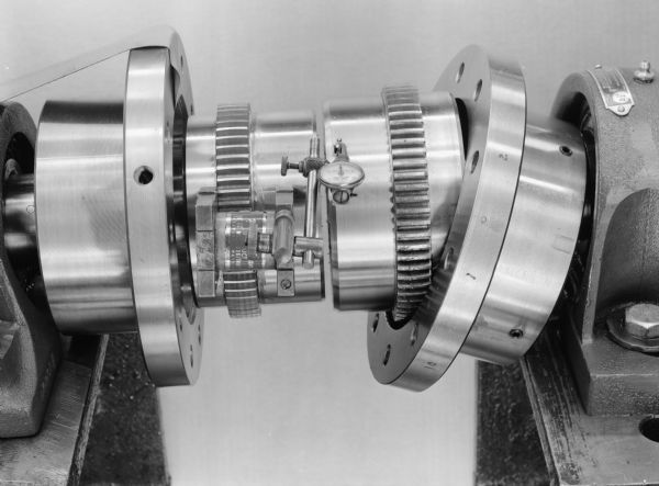 View of a gear test at Falk that is done to "show parallel alignment of hubs with unequal diameters."- according to original Falk caption.
