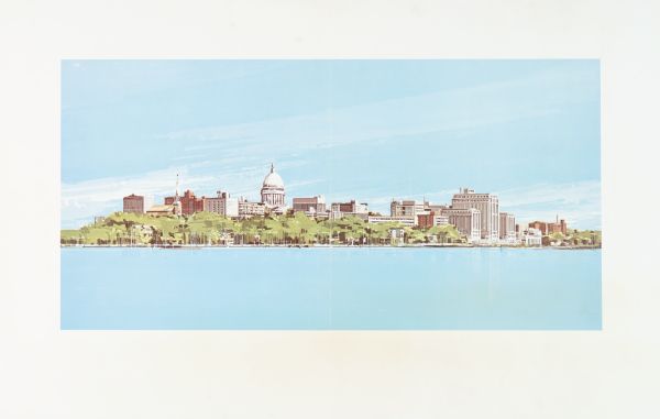 Caption on back reads, "Given by 1st National Bank to student customers, 11-XII-70 [12/11/70].  This is the design of their new 'Madisonian' checks."  Depicts Madison skyline, including the Wisconsin State Capitol Building, from vantage point of Lake Monona.