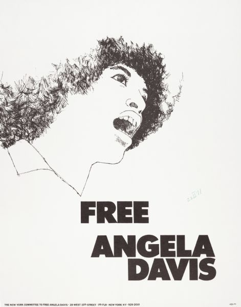 Poster advocating the liberation of Angela Davis, an American Communist organizer and professor associated with the Black Panther movement.  Created by The New York Committee to Free Angela Davis.