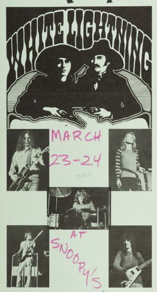 Concert poster for "White Lightning" at Snoopy's in Madison, Wisconsin, March 23-24, 1971.