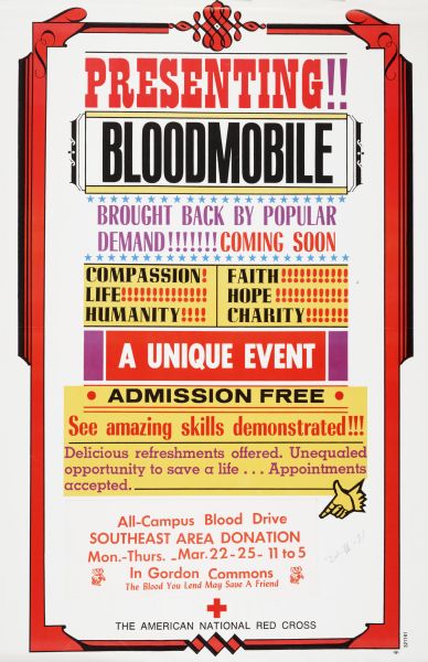 Poster announcing a blood drive at the University of Wisconsin-Madison, sponsored by the Red Cross. Features a "bloodmobile" as an attraction.