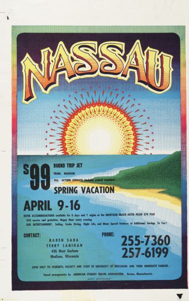 Poster featuring a stylized sun rising over the ocean, advertising spring break vacations to Nassau for University of Wisconsin faculty and students.