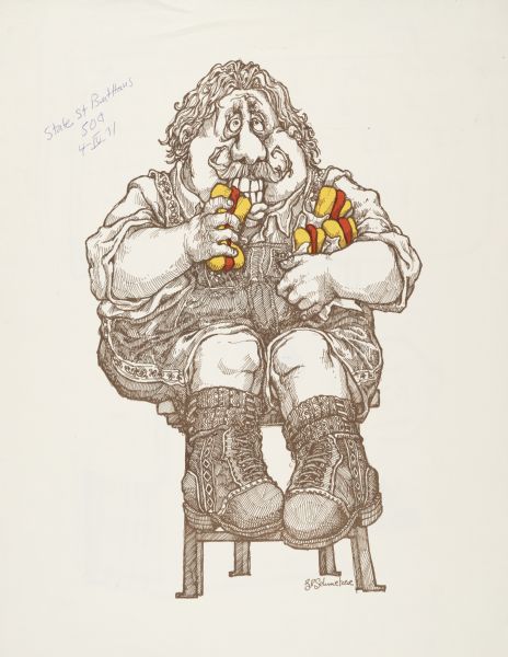 Large cartoon of a German man in lederhosen, eating sausage.