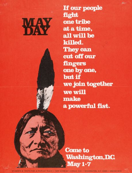 Poster advertising for a May Day demonstration in Washington, D.C. Features an image of Sitting Bull.