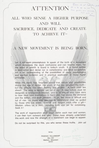 A poster recruiting for an organization called the "Phoenix Fellowship."  Text, superimposed over a two-headed eagle, reads, "Attention: All who sense a higher purpose and will sacrifice, dedicate, and create to achieve it--A new movement is being born."