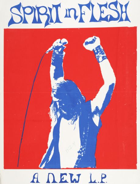 Poster advertising for a new "Spirit in Flesh" LP. Features a bearded singer, holding a microphone and wearing an open vest.