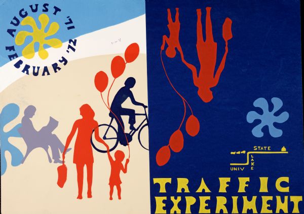 Poster advertising for an event occurring between August 1971 and February 1972 called the "Traffic Experiment," in Madison. Features screen printed silhouettes of a person on a bench, a mother and child holding balloons, and a person on a bicycle. Also includes a small map, showing University Avenue, Lake Street, and State Street.