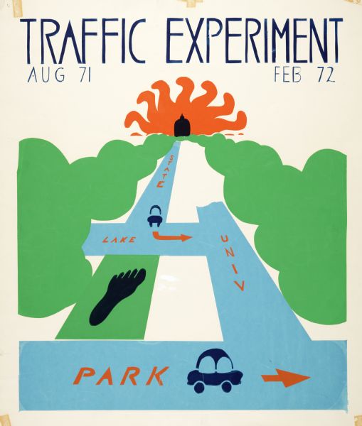 Poster advertising for an event occurring between August 1971 and February 1972 called the "Traffic Experiment," in Madison. Features screen printed map of Madison, outlining State Street, Lake Street, University Avenue, and Park Street.