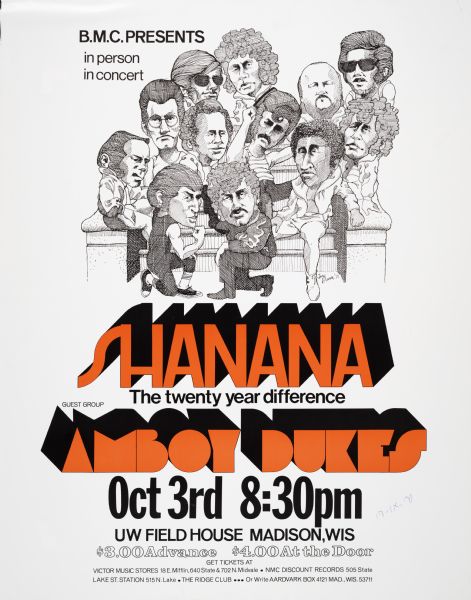 Poster advertising for a concert featuring "Shanana" with special guests Amboy Dukes, October 3, 1971 at the University of Wisconsin-Madison Field House. Features a cartoon drawing of the members of Shanana. Presented by B.M.C.