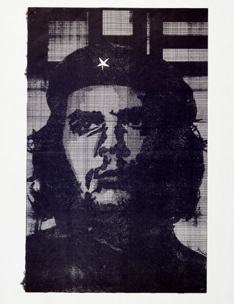 Poster of Che Guevara based on a famous photograph from 1960 by Alberto Korda. Created by RPM printing co-op in Madison, Wisconsin, using a crosshatching technique.