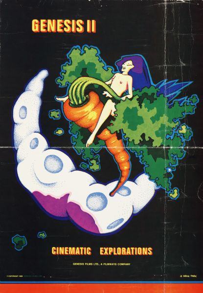 Concert for the second installment of the Genesis film series, titled, "Cinematic Explorations". Poster features a naked woman riding a carrot over a puffy moon shape.