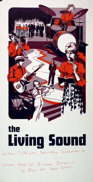 Poster advertisement for a concert by the group "The Living Sound," at 240 West Gilman Street, in Madison, Wisconsin. Features a reduced purple and red illustration of various musicians.