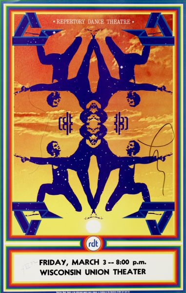 Poster publicizing a performance by the Repertory Dance Theatre, a modern dance company in residence at the University of Utah-Salt Lake City, at the Wisconsin Union Theater, Friday, March 3, 1972. Features a psychedelic grouping of purple silhouettes of figures over a sunset background. Appears to be signed, possibly by a member of the company.