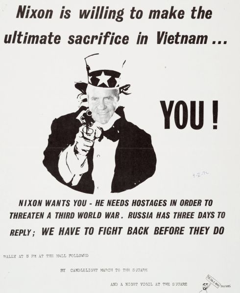 Poster publicizing a rally and candlelight march around the University of Wisconsin-Madison Library Mall and Capitol Square in Madison, Wisconsin. President Richard Nixon's face has been superimposed over an image of Uncle Sam, who is pointing a gun at the viewer.