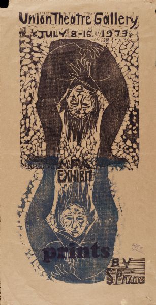 Print publicizing an art exhibition by University of Wisconsin-Madison student MFA candidate S. Price. A woodblock print of an image of a man bending over, reflected.