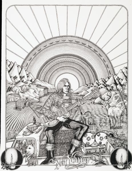 Poster created by Madison-based Johnathan Chritton, most likely to commemorate the release of the album "Harvest" (1972), featuring Neil Young playing an acoustic guitar in a fantastical landscape.