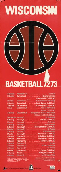 Poster with the schedule for the 1972/1973 University of Wisconsin-Madison men's basketball team schedule. At the time, tickets to games sold for $3.00 and season tickets (11 games) sold for $30.00.