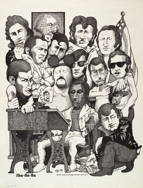 Poster publicizing the New York-based Rock and Roll revival group, "Sha-Na-Na." Features caricature illustrations of all members, designed by Aardvark Design in Madison, Wisconsin. Back includes extensive 50s music quiz.