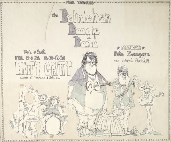 Poster publicizing a concert by The Bethlehem Boogie Band at the Nitty Gritty in Madison, Wisconsin. Features hand-drawn, hand-colored cartoons of the band members, including Pete Zangara on lead guitar.