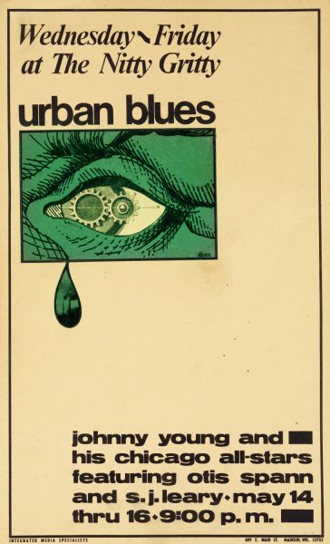 Poster advertising a performance, Urban Blues, a performance series featuring featuring Johnny Young and his Chicago All-stars, featuring Otis Spann and S.J. Leary, at the Nitty Gritty bar in Madison.