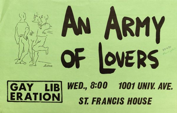 Gay Liberation poster promoting a weekly meeting to be held every Wednesday evening at 8:00 pm at the St. Francis House.