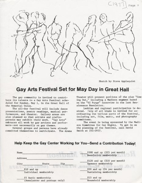 The Madison Committee for Gay Rights sponsored the Gay Arts Festival in the Great Hall of the Memorial Union on the University of Wisconsin-Madison campus, which took place on May 1, 1977.