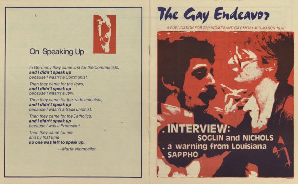 Cover and back page of "The Gay Endeavor," a publication for gay women and gay men. Includes an image of Paul Soglin and Nichols who were interviewed for the issue.