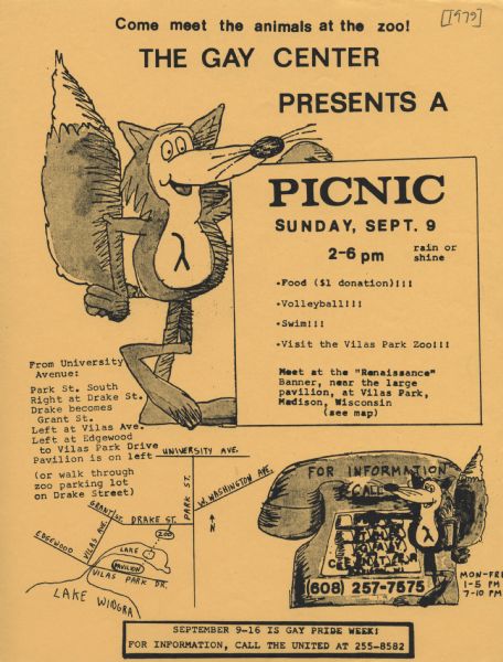Poster for picnic presented by the Gay Center at Vilas Park. Includes an image of a fox and telephone.