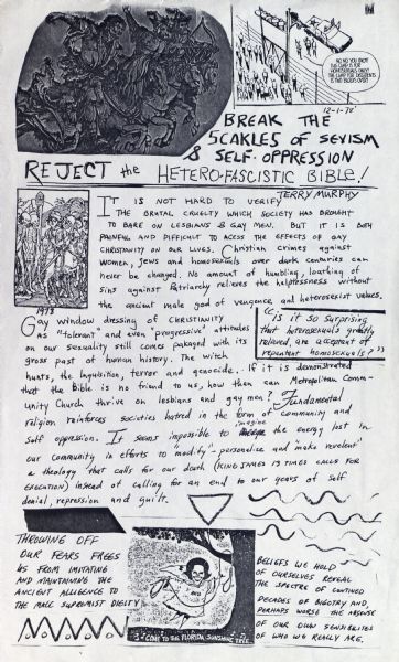 Flyer discussing the cruelty of society on lesbians and gay men. Features reproductions of cartoons and other art work, one of which is a caricature of Anita Bryant throwing a noose over a tree limb.