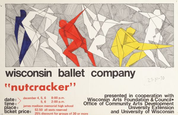 Poster advertising the Wisconsin Ballet Company's performance of the Nutcracker, held at James Madison Memorial High School. Six dancing, abstract figures appear on the poster. The performance was "presented in cooperation with Wisconsin Arts Foundation & Council, Office of Community Arts Development University Extension and University of Wisconsin."