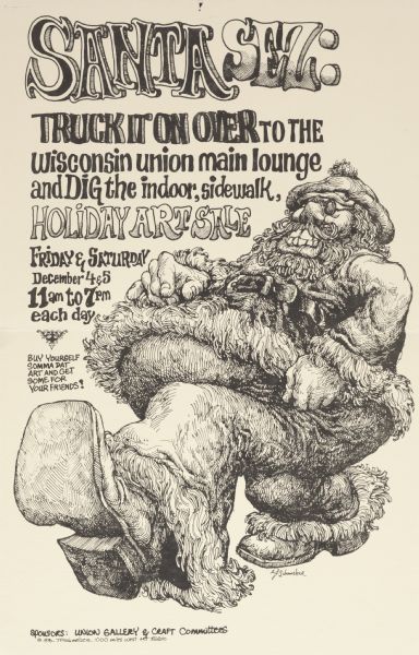 Poster advertising the Union Gallery and Crafts Committee Holiday Art Sale, held in the Main Lounge of the Memorial Union. A caricatured Santa is illustrated in mid-stride on the poster.