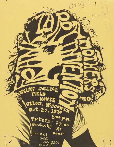 A poster advertising a concert by Frank Zappa and the Mothers of Invention at the Beloit College Field House, October 24, 1970.