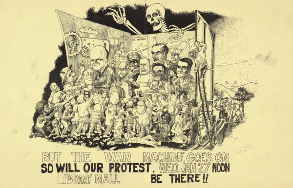 A poster advertising a protest against the Vietnam war. A collection of political and military leaders gather in a make-shift indoor set. A crowd gathers at the front of the set, while others in the background begin to dismantle the set framework. A large skeleton stands over the set and reaches toward the crowd.