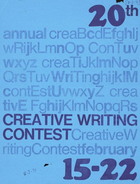 Poster advertising the 20th Annual Creative Writing Contest, held from February 15-22.