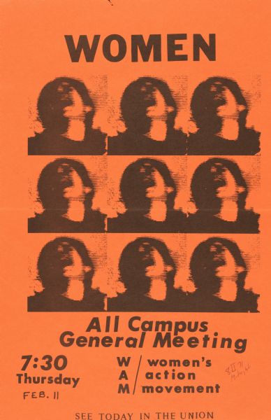 Poster advertising the all campus meeting for the women's action movement. The poster features nine identical portraits of a woman.