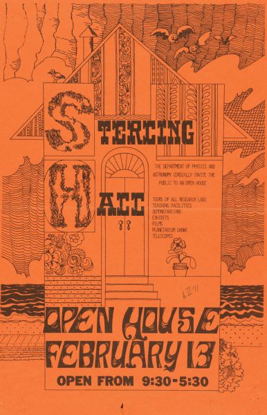 Poster announcing a Sterling Hall Open House on the University of Wisconsin-Madison campus. Held from 9:30-5:30, the event included exhibits, demonstrations, and films.