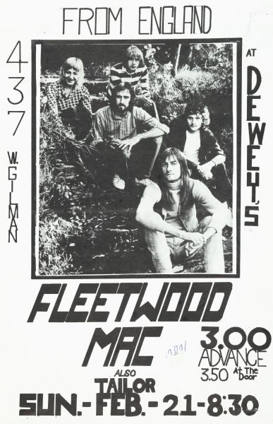Poster advertising a performance by <i>Fleetwood Mac</i> at Dewey's. Features an outdoor photograph of the band.