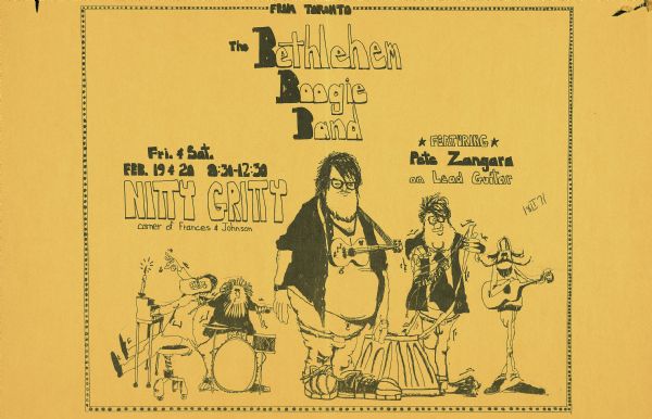 A Nitty Gritty poster promoting a performance by the <i>Bethlehem Boogie Band</i>. Features five caricatured figures of the band members.