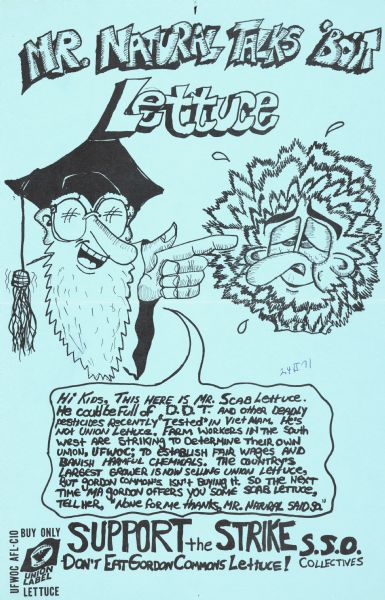 Poster advocating the boycott of non-union lettuce at Gordon Commons on the University of Wisconsin-Madison campus. Features a caricatured professor pointing at a chemically enhanced head of lettuce.