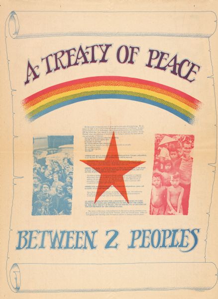 A centerfold of an anti-war newspaper which promotes "A Treaty of Peace Between 2 Peoples." Features two photographs of American and Vietnamese citizens and corresponding text.